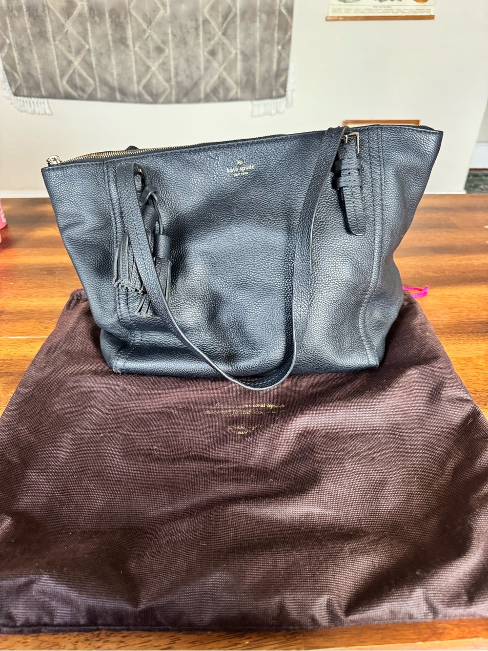 kate spade Black Pebbled Leather Shoulder Tote with Tassel - Picture 5 of 9